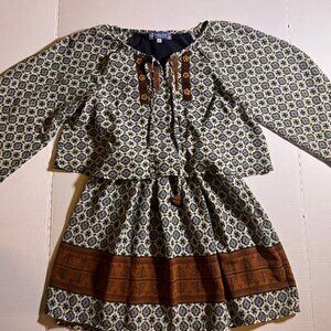 Truly Me By Sara Sara Girls 12‎ Tier Long Sleeve Brown Navy BoHo Geo Tunic (K)